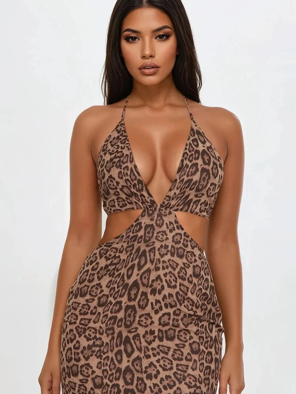 Fashion Nova Leopard Print Halter Cutout Maxi Dress - Brown Size S